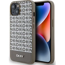 DKNY PU Leather Repeat Pattern Bottom Stripe MagSafe Zadní Kryt pro iPhone 14 Brown