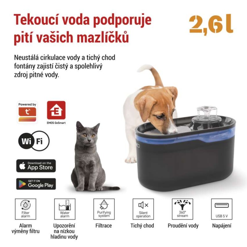 EMOS GoSmart vodní fontána Pet Care, 2,6 l, šedá, Wi-Fi