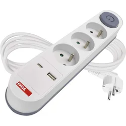 Emos prodlužovací kabel 2 m / 3 zásuvky / s vypínačem / bílý / 1×USB-A + 1×USB-C / 1,5 mm2