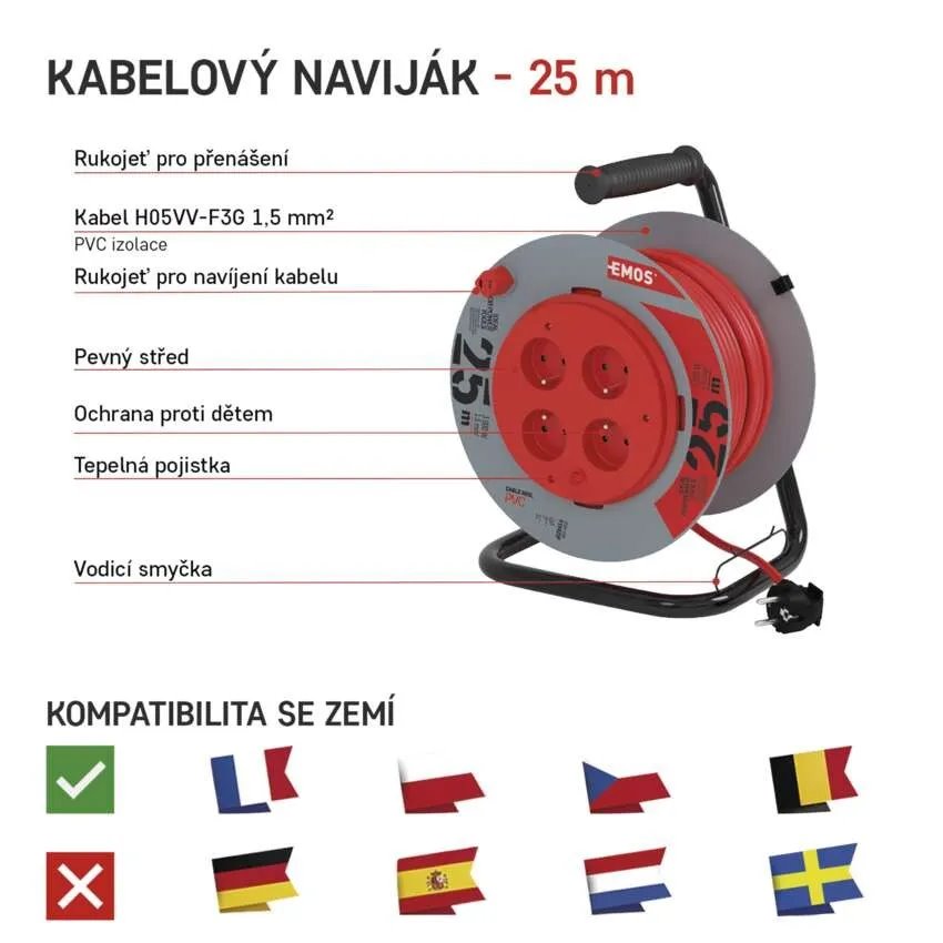 EMOS Prodlužovací kabel na bubnu, pevný střed, 25m