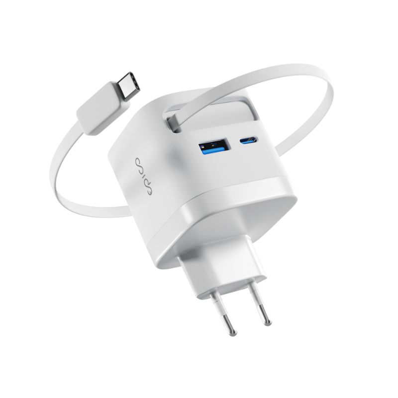 Epico UltraBoost Retractable GaN 65W síťový adaptér EA65c | se zabudovaným kabelem | bílá | tři výstupy