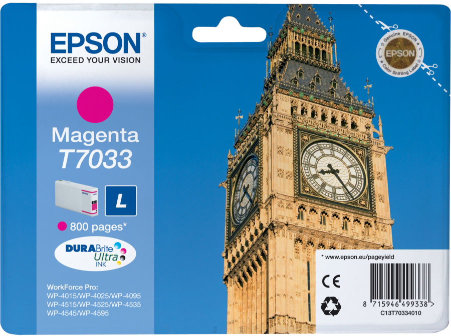 Epson T7033 L Magenta, až 800 strán, pre série WP4000/4500 (WP-4015,WP-4025,WP-4515,WP-4525,WP-4535,WP-4545) - originálne C13T703