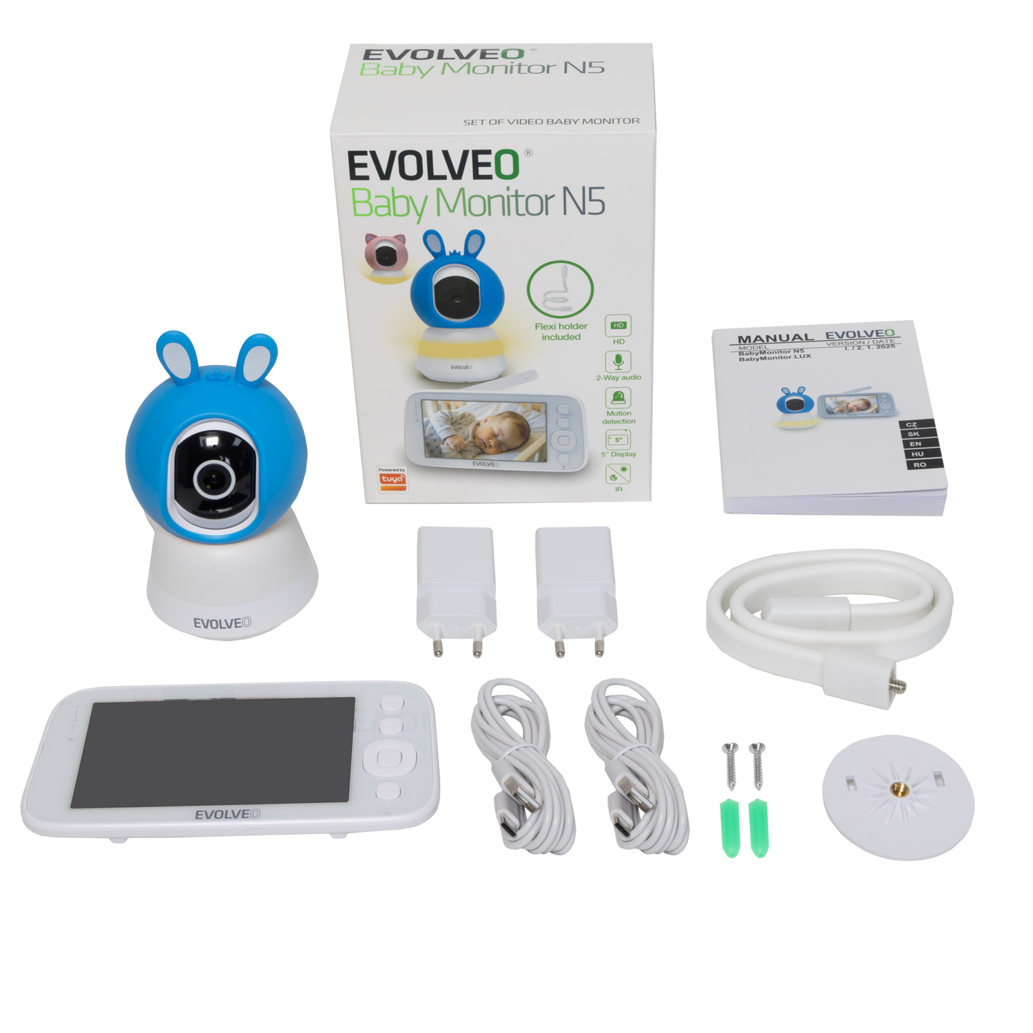 EVOLVEO Baby Monitor N5 - Set videochůvičky s 360° dohledem, obousměrnou komunikací a ukolébavkami,