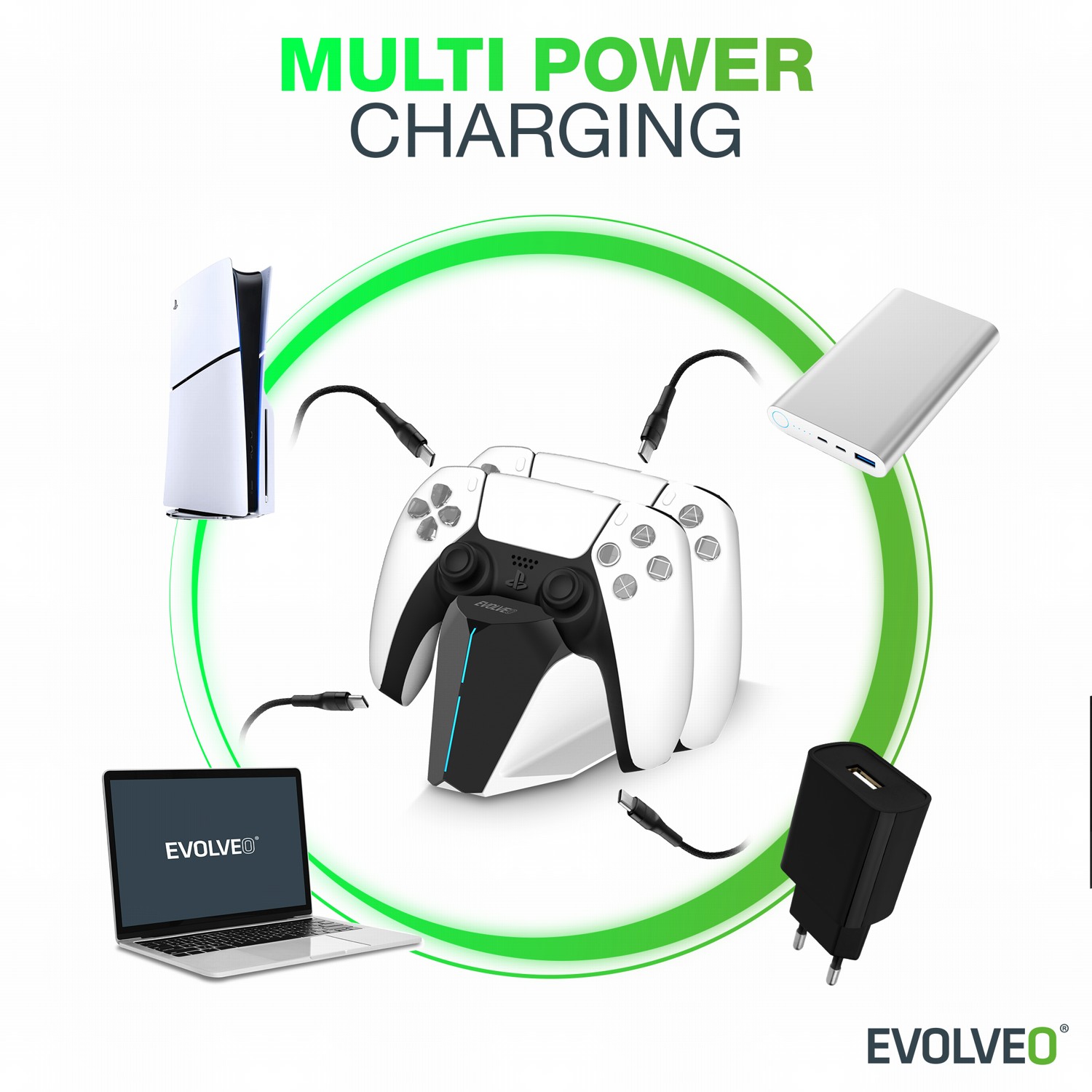 EVOLVEO DockCharge, nabíjecí základna a stojánek pro dva ovladače PS5