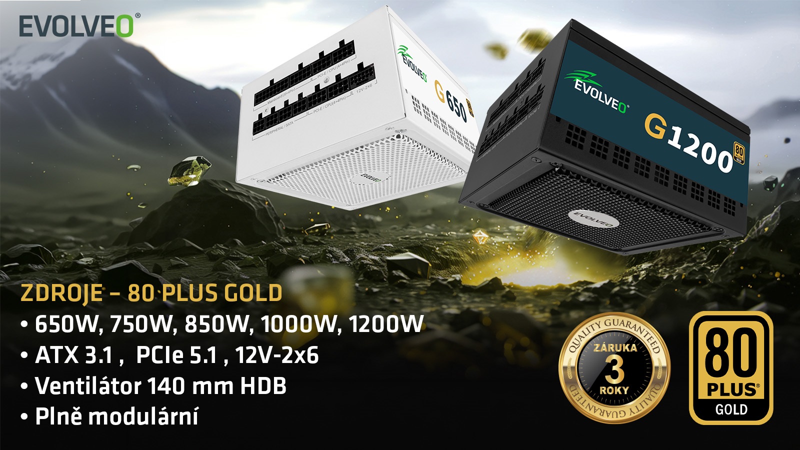 EVOLVEO G750, zdroj 750W, 80+ GOLD, ATX 3.1, PCIe 5.1, Modulární