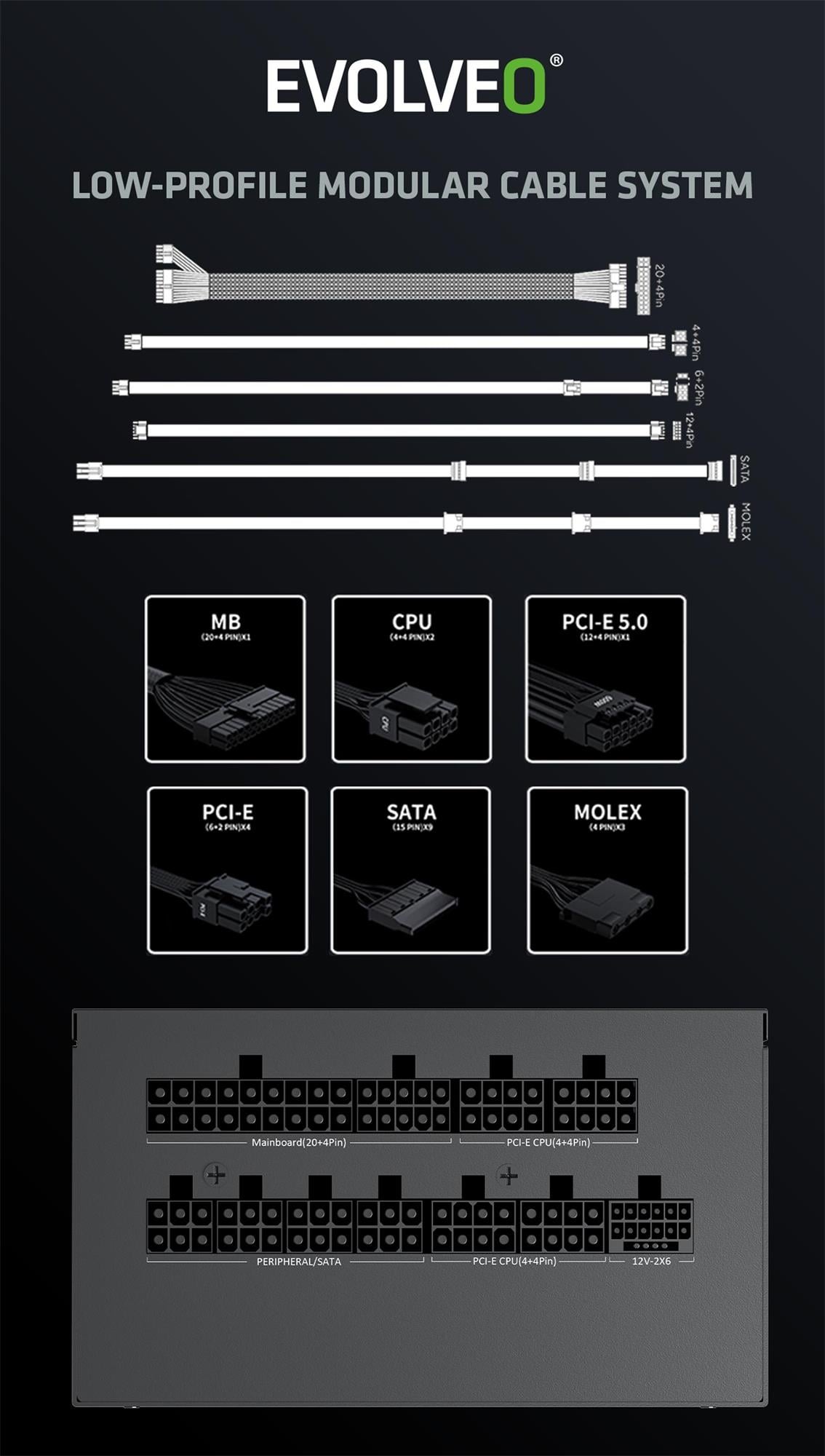 EVOLVEO G850, 850W, 80+ GOLD, ATX 3.1, PCIe 5.1, modulárny