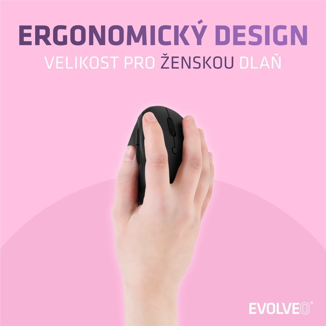 EVOLVEO LadyErgo, tichá vertikálna ergonomická myš, 2,4 GHz, čierna