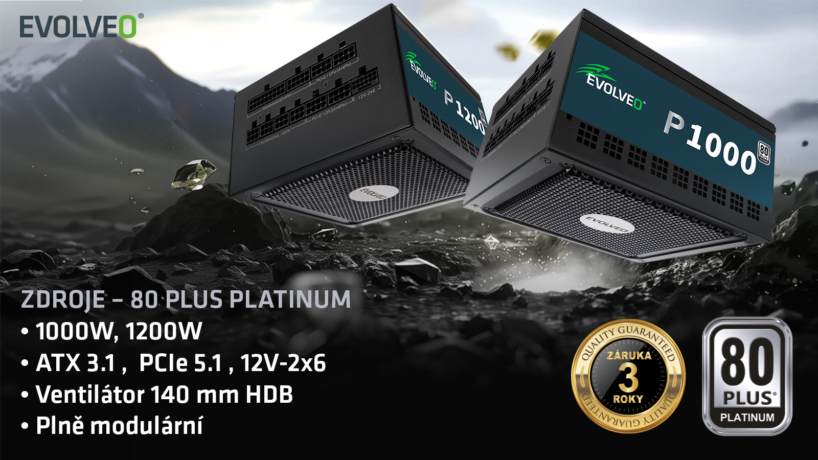 EVOLVEO P1200, zdroj 1200W, 80+ PLATINUM, ATX 3.1, PCIe 5.1, Modulární