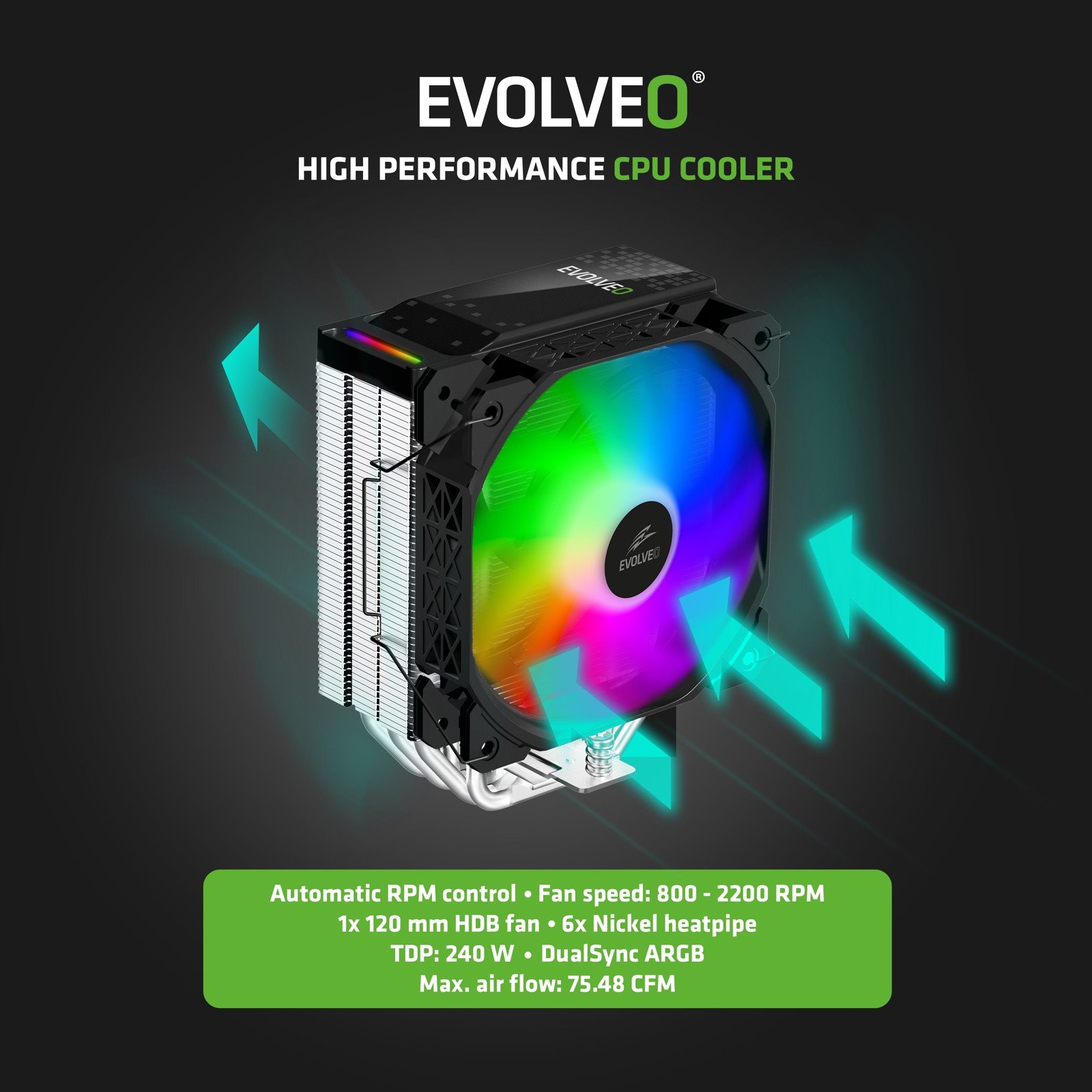 EVOLVEO QuietCool5, chladič procesora, 6x tepelných trubíc, čierny