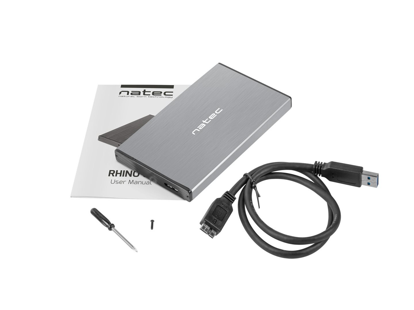 Externý HDD box Natec 2,5" USB 3.0 Rhino Go, sivý, hliníkové telo