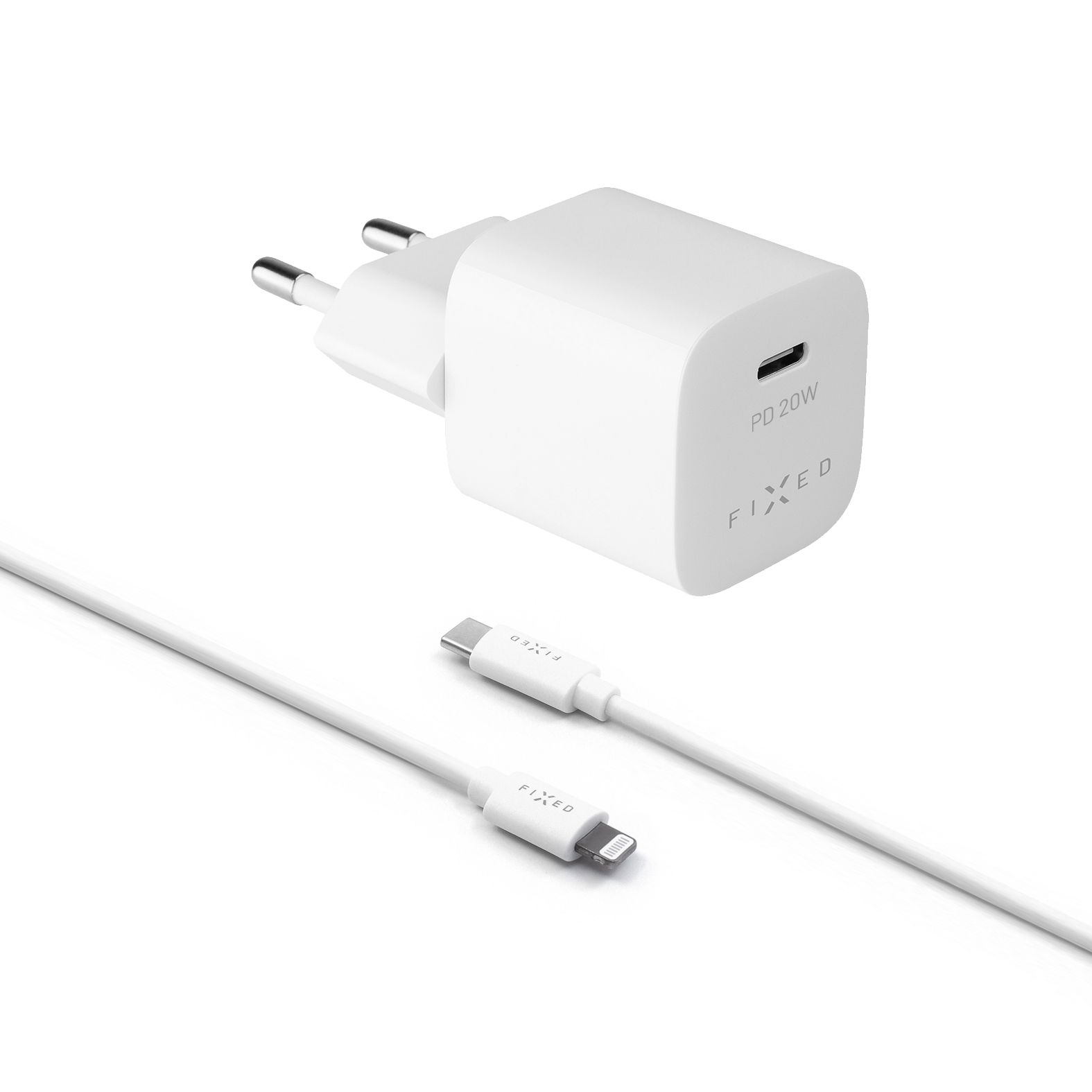 FIXED Mini sieťová nabíjačka s výstupom USB-C a káblom USB-C/Lightning, podpora PD, 1 meter, MFI, 20 W, biela
