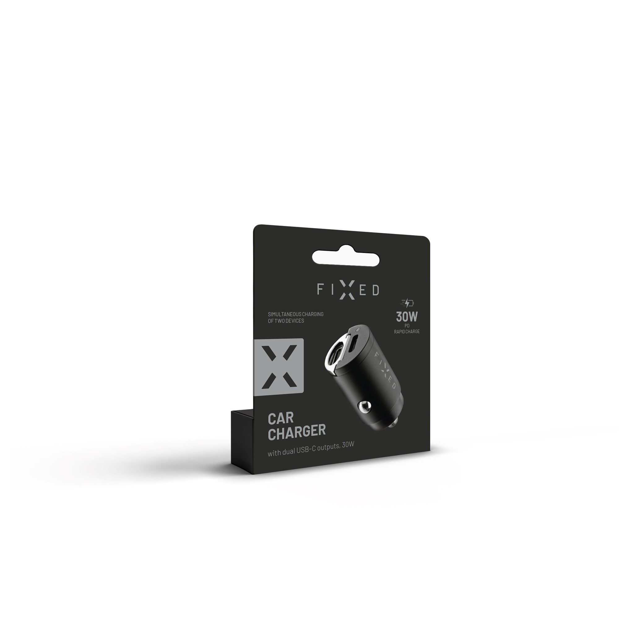 FIXED nabíjačka do auta s výstupom 2xUSB-C v miniatúrnom vyhotovení, podpora PD, 30 W, čierna