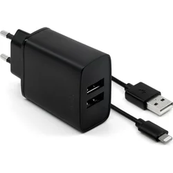 FIXED síťová nabíječka s 2xUSB výstupem a USB/Lightning kabelu, 1m, MFI certifikace, 15W Smart Rapid Charge, černá