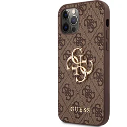 Guess PU 4G Kovové logo Zadný kryt pre iPhone 12/12 Pro Brown