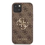 Guess PU 4G Kovový zadný kryt s logom pre iPhone 13 Brown