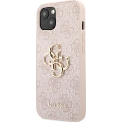 Guess PU 4G Kovový zadný kryt s logom pre iPhone 13 Pink