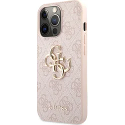 Guess PU 4G Kovový zadný kryt s logom pre iPhone 13 Pro Pink