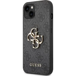 Guess PU 4G Kovový zadný kryt s logom pre iPhone 14 Plus Grey