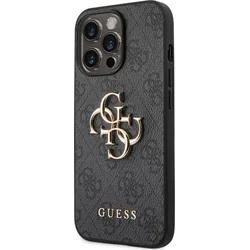 Guess PU 4G Kovový zadný kryt s logom pre iPhone 14 Pro Max Grey