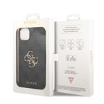 Guess PU 4G Kovový zadný kryt s logom pre iPhone 15 Grey