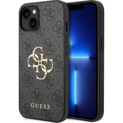 Guess PU 4G Kovový zadný kryt s logom pre iPhone 15 Grey