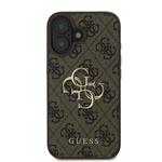 Guess PU 4G Kovový zadný kryt s logom pre iPhone 16 Plus Brown