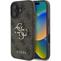 Guess PU 4G Kovový zadný kryt s logom pre iPhone 16 Plus Brown