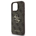 Guess PU 4G Kovový zadný kryt s logom pre iPhone 16 Pro Brown