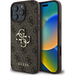 Guess PU 4G Kovový zadný kryt s logom pre iPhone 16 Pro Max Brown