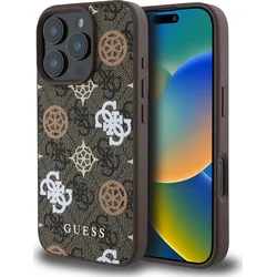 Guess PU 4G Peony MagSafe zadný kryt pre iPhone 16 Pro Brown