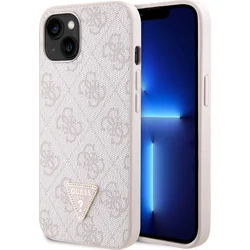 Guess PU 4G štrasový trojuholník s kovovým logom Zadný kryt pre iPhone 15 Pink