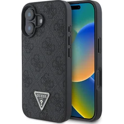 Guess PU 4G štrasový trojuholník s kovovým logom Zadný kryt pre iPhone 16 Black
