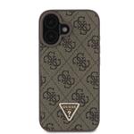Guess PU 4G štrasový trojuholník s kovovým logom Zadný kryt pre iPhone 16 Brown
