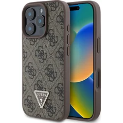 Guess PU 4G štrasový trojuholník s kovovým logom Zadný kryt pre iPhone 16 Pro Brown