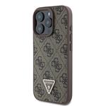 Guess PU 4G štrasový trojuholník s kovovým logom Zadný kryt pre iPhone 16 Pro Max Brown