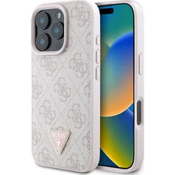 Guess PU 4G štrasový trojuholník s kovovým logom Zadný kryt pre iPhone 16 Pro Pink