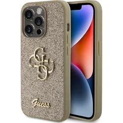 Guess PU Pevný zadný kryt s kovovým logom 4G Glitter pre iPhone 15 Pro Gold
