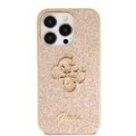 Guess PU pevný zadný kryt s kovovým logom 4G Glitter pre iPhone 15 Pro Max Gold