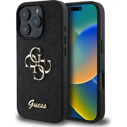 Guess PU Pevný zadný kryt s kovovým logom 4G Glitter pre iPhone 16 Pro Max Black