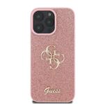 Guess PU pevný zadný kryt s kovovým logom 4G Glitter pre iPhone 16 Pro Pink