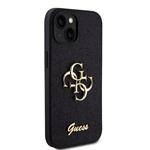 Guess PU pevný zadný kryt s kovovým logom 4G s trblietkami pre iPhone 15 Black