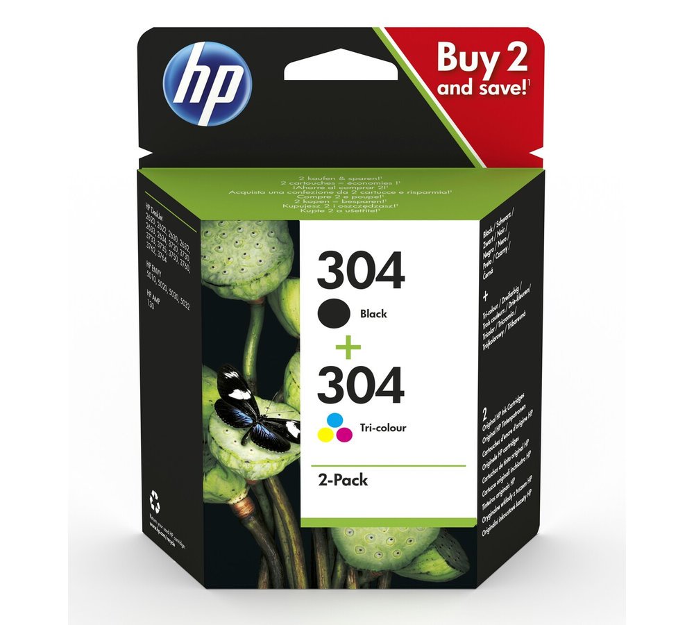 HP 304 – balenie po 2 kusoch – pigmentová čierna, farebné (azúrová, purpurová, žltá)