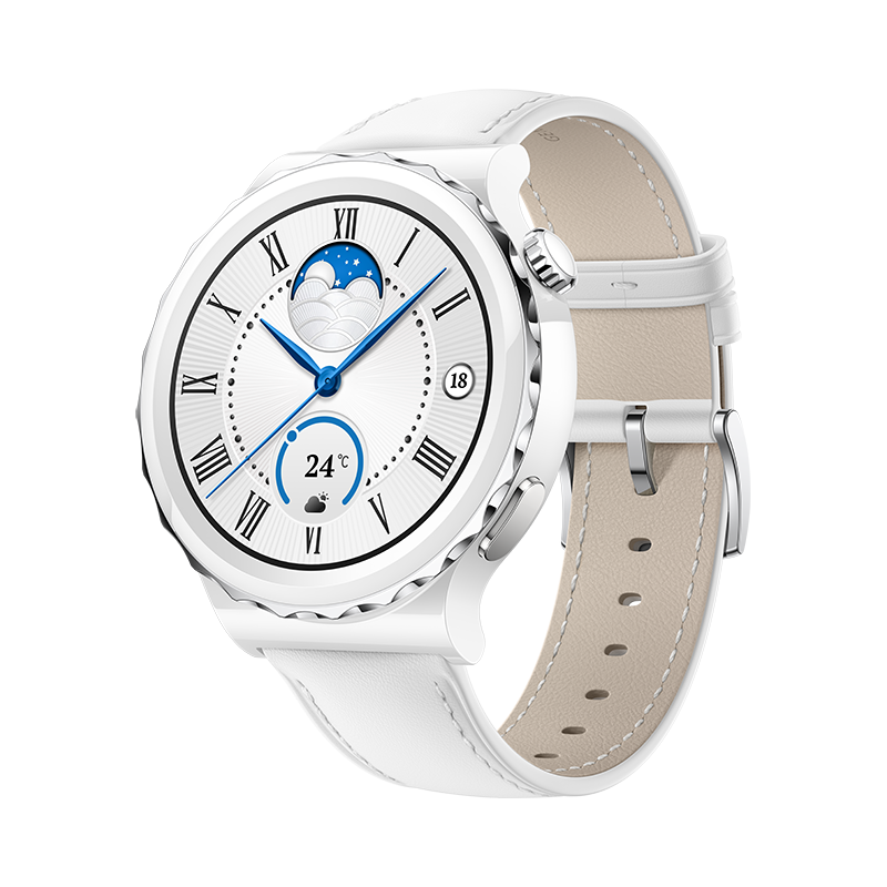 Huawei Watch GT3 Pro 43 mm, strieborný rámček, biele keramické puzdro + biely kožený remienok