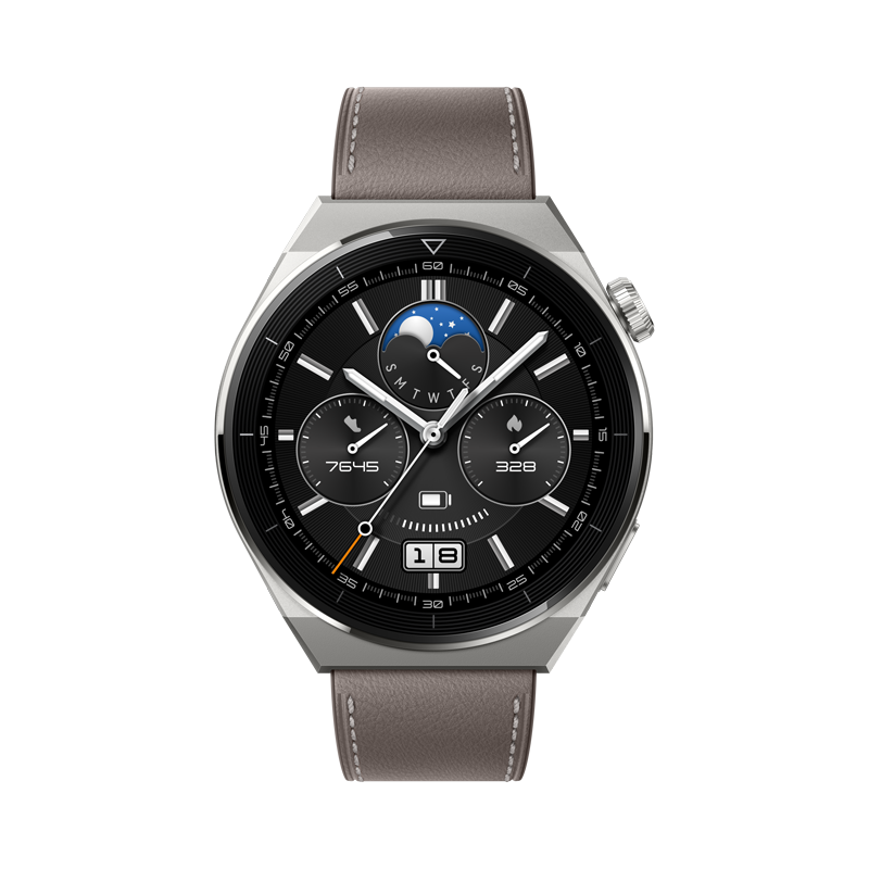 Huawei Watch GT3 Pro 46 mm, puzdro z ľahkého titánu, sivý kožený remienok