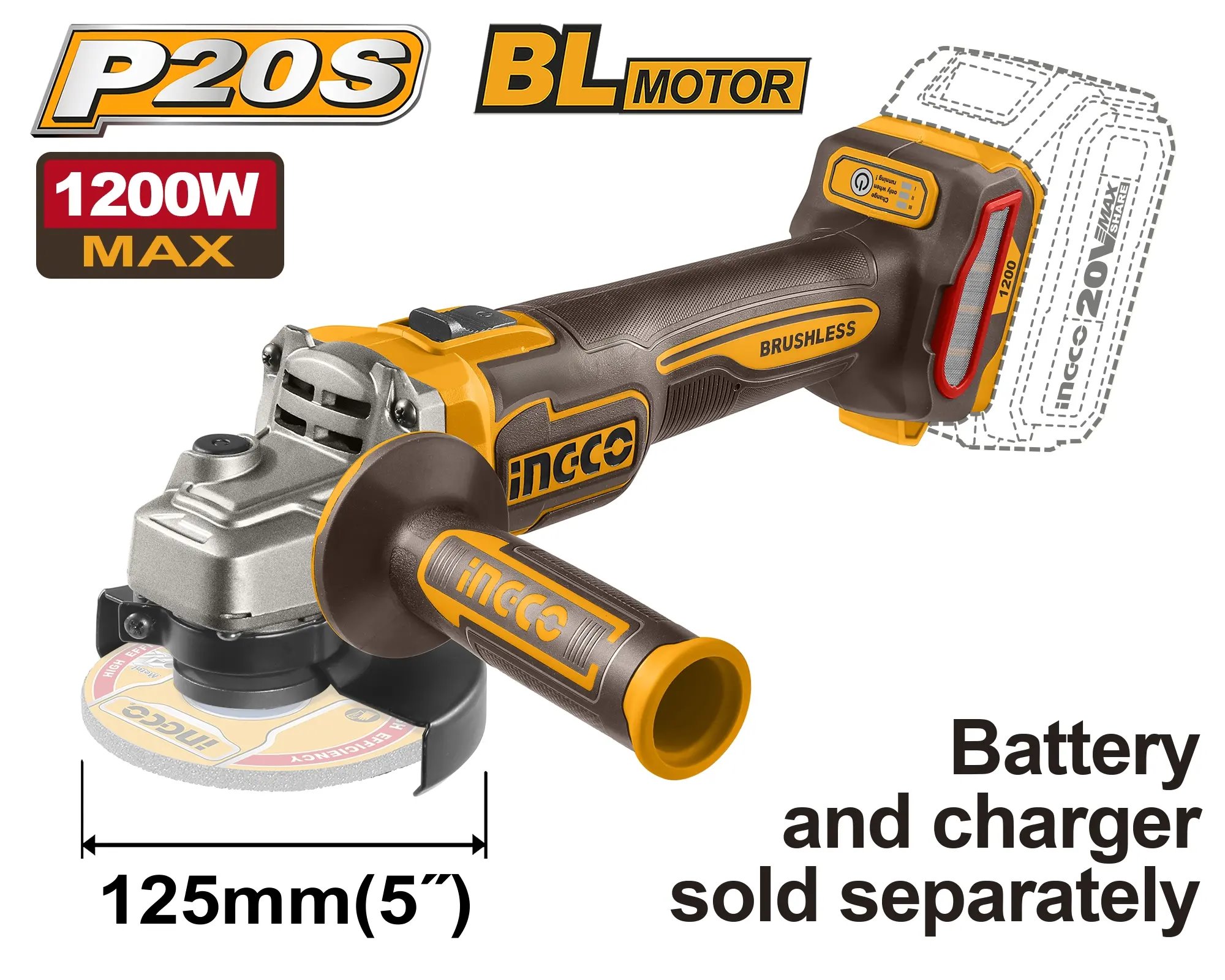 INGCO Bruska úhlová AKU, 125mm, bez baterie a nabíječky
