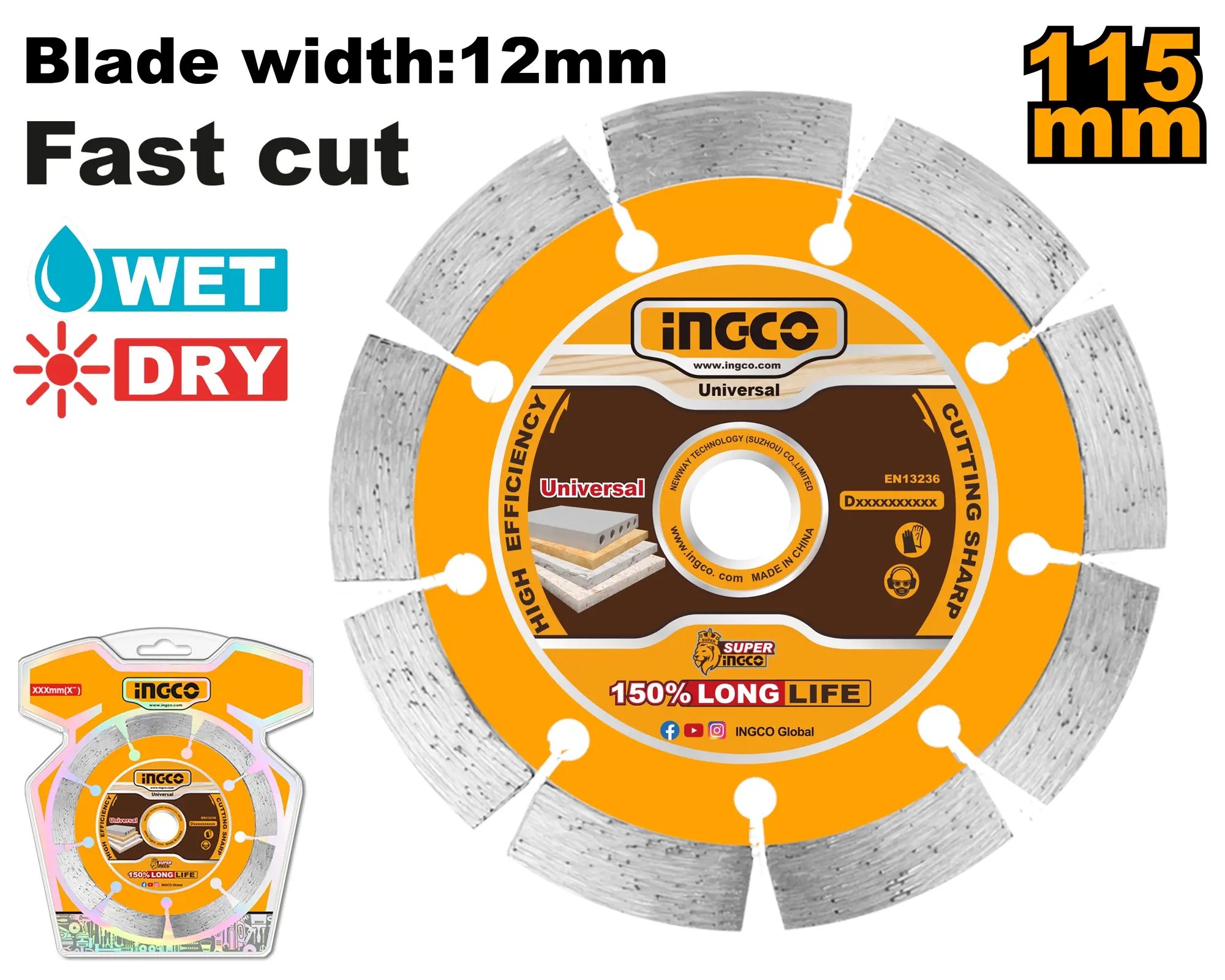 Ingco DMD0111513 Kotouč řezný, diamantový, suché řezání 115 x 1 mm