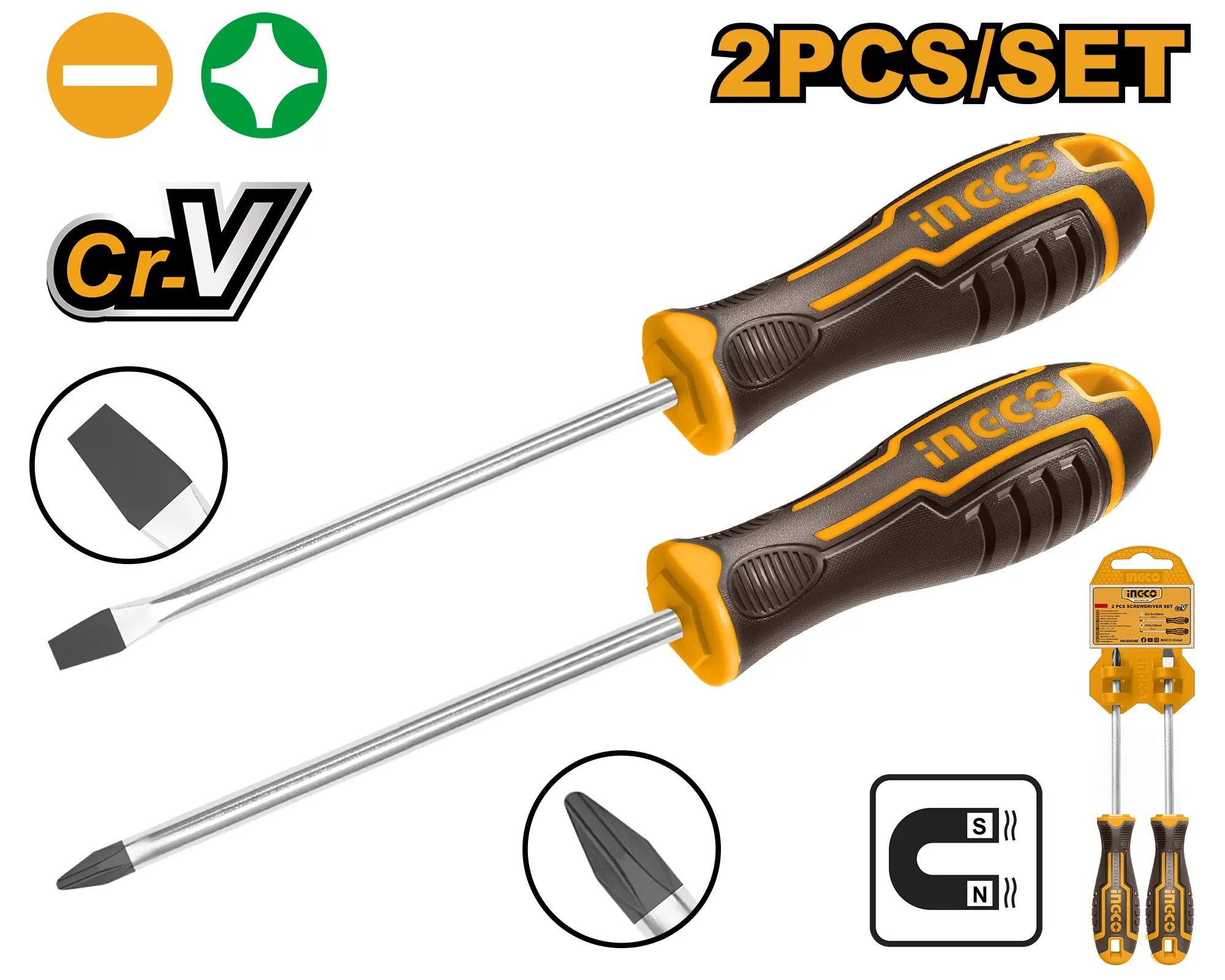 Ingco HKSD0248 Sada skrutkovačov plochý + krížový 2ks CrV