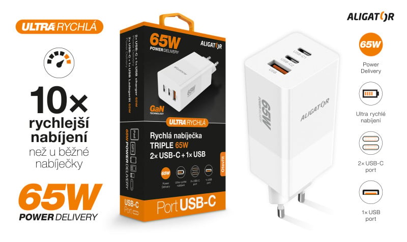 Inteligentná sieťová nabíjačka ALIGATOR GaN, Power Delivery 65W, 2xUSB-C, 1xUSB-A, biela