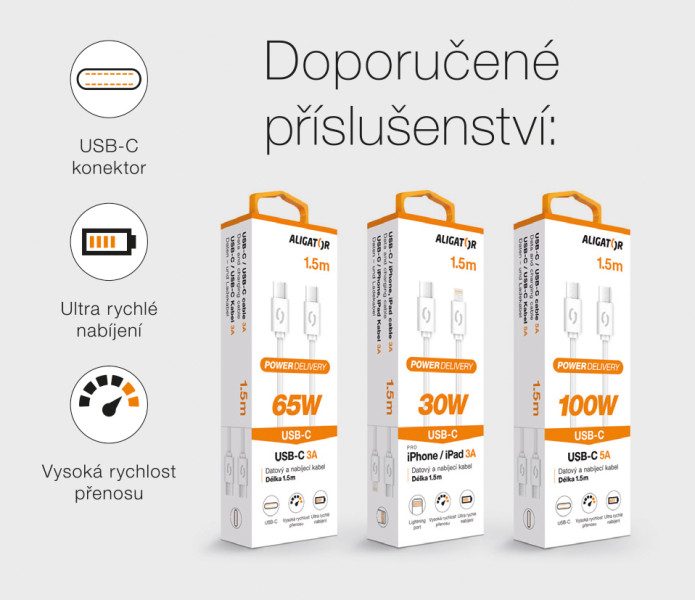 Inteligentná sieťová nabíjačka ALIGATOR GaN, Power Delivery 65W, 2xUSB-C, 1xUSB-A, biela