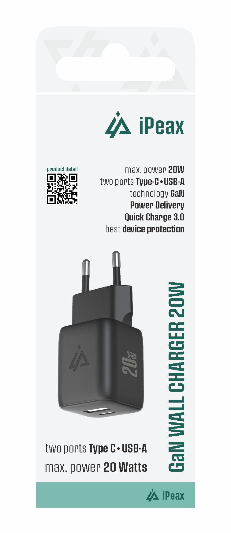 iPEAX GaN SÍŤOVÁ NABÍJEČKA 20W (USB-C + USB-A) ČERNÁ